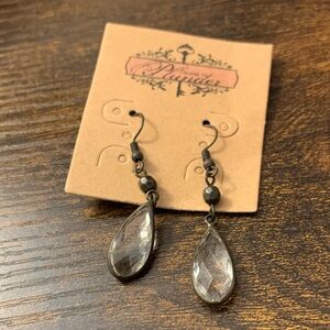 Clear Teardrop Dangle Earrings - Antique Silver